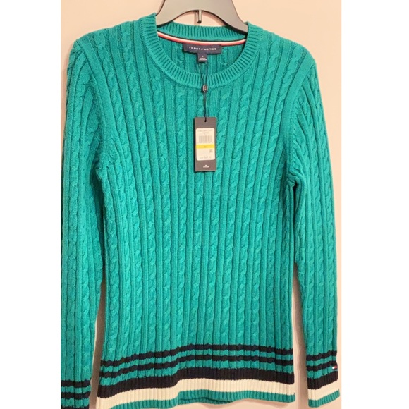 Tommy Hilfiger Cable-Knit Striped-Hem Women’s Sweater Color: Green - Picture 4 of 5